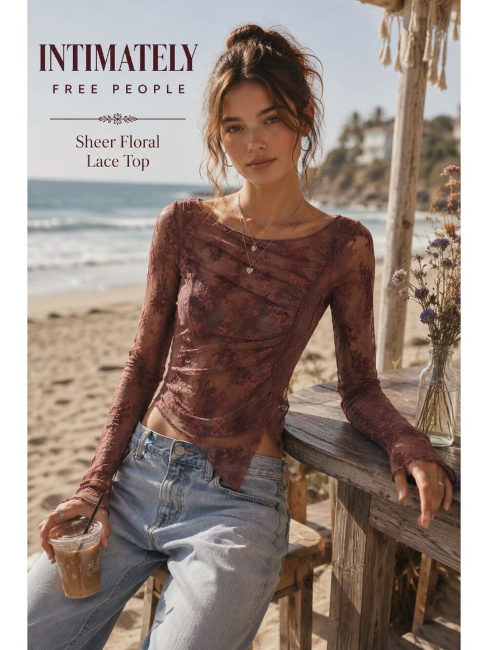 Intimately Free People Sheer Floral Lace Mesh Top XS Mauve Asymmetric Boho